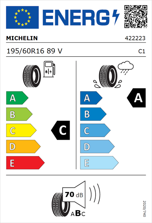 Tyre Label for Michelin Primacy 3 195/60R16 89V